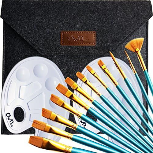 Ownuzz 12Pieces Round Pointed Tip Nylon Hair Brush Set With 2 Piece Paint Tray Palette with 1 Piece hand Case