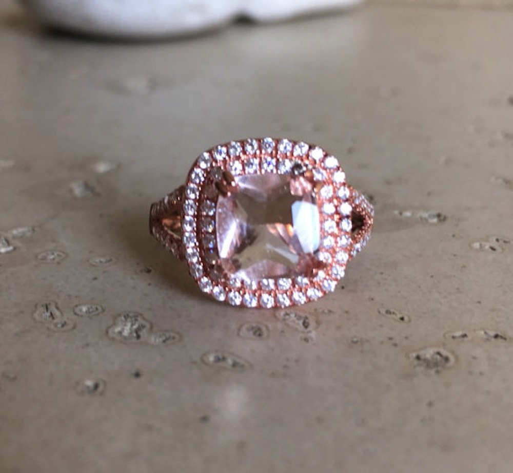 Amazon Com Halo Morganite Engagement Ring Double Band Rose Gold
