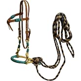 Showman Leather Futurity Knot Headstall w/Teal Rawhide Braided Bosal &amp; Horse Hair Mecate Reins
