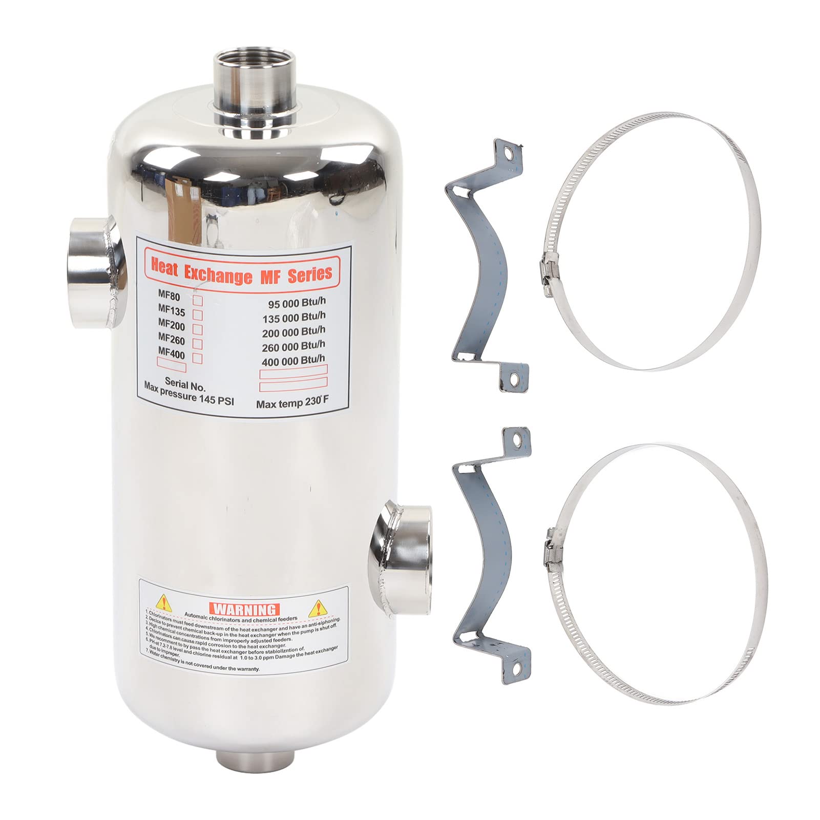 Focket Swimming Pool Heat Exchanger, MF 135 40KW Stainless Steel Tube Shell Solar Pool Heater Pool Water Heater Heat Exchanger, Cyclic Heating, for Spa Swimming Solar Heating And Cooling