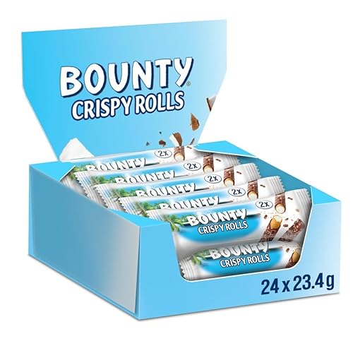 Bounty Crispy Rolls, Milk Chocolate, Coconut, Biscuit Snack bar, Single Pack 23.4 g (1 x 24 Bars)