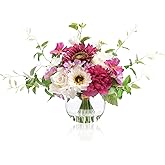Artificial Flowers Centerpieces in Glass Vase with Fake Water, Silk White Rose Sunflowers Peony Bouquet with Vase for Birthday Party Wedding Dinning Table Office Hotel Decor (Fuchsia Mixed Plus)