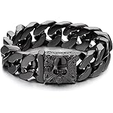 COOLSTEELANDBEYOND Mens Large Vintage Brushed Finishing Steel Curb Chain Bracelet with Fleur De Lis and Skull