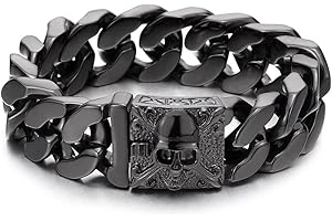 COOLSTEELANDBEYOND Mens Large Vintage Brushed Finishing Steel Curb Chain Bracelet with Fleur De Lis and Skull