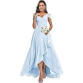 Monvelli Off The Shoulder Ruffle Chiffon Bridesmaid Dresses with Pockets Pleated High Low V Neck Formal Evening Party Gowns
