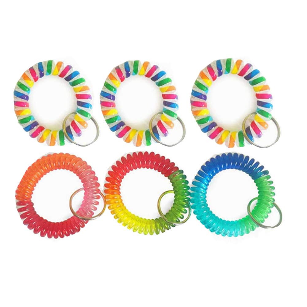 Plastic Colorful Coil Wrist Key Ring Stretch Wristband Elastic Spring Spiral Bracelet Key Chain Wrist Coil Key Hook for ID Badge Gym Pool Outdoor Sport (6 Pack)