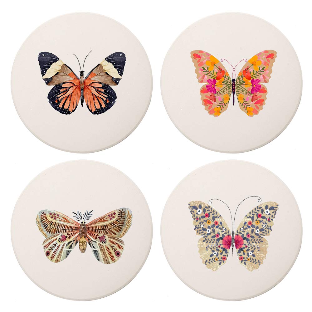 MAYCARI Butterfly Coasters Set of 4 with Cork Base Protection, Personalised Round Drink Absorbent Stone Coasters Mug Set Butterfly Gift for Kinds of Mugs and Cups