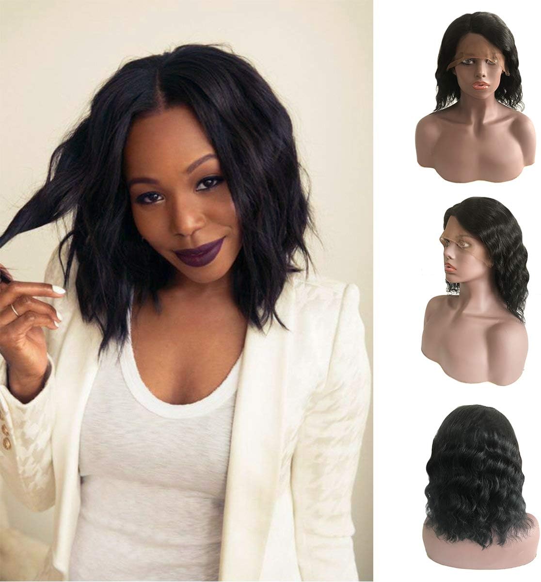 Siji Mei Brazilian Body Wave Lace Wigs 100% Unprocessed Virgin Human Hair Lace Front Short Bob Wigs For Black Women Natural Wave Short Wavy Lace Front Wigs With Baby Hair Side Part 14 Inches