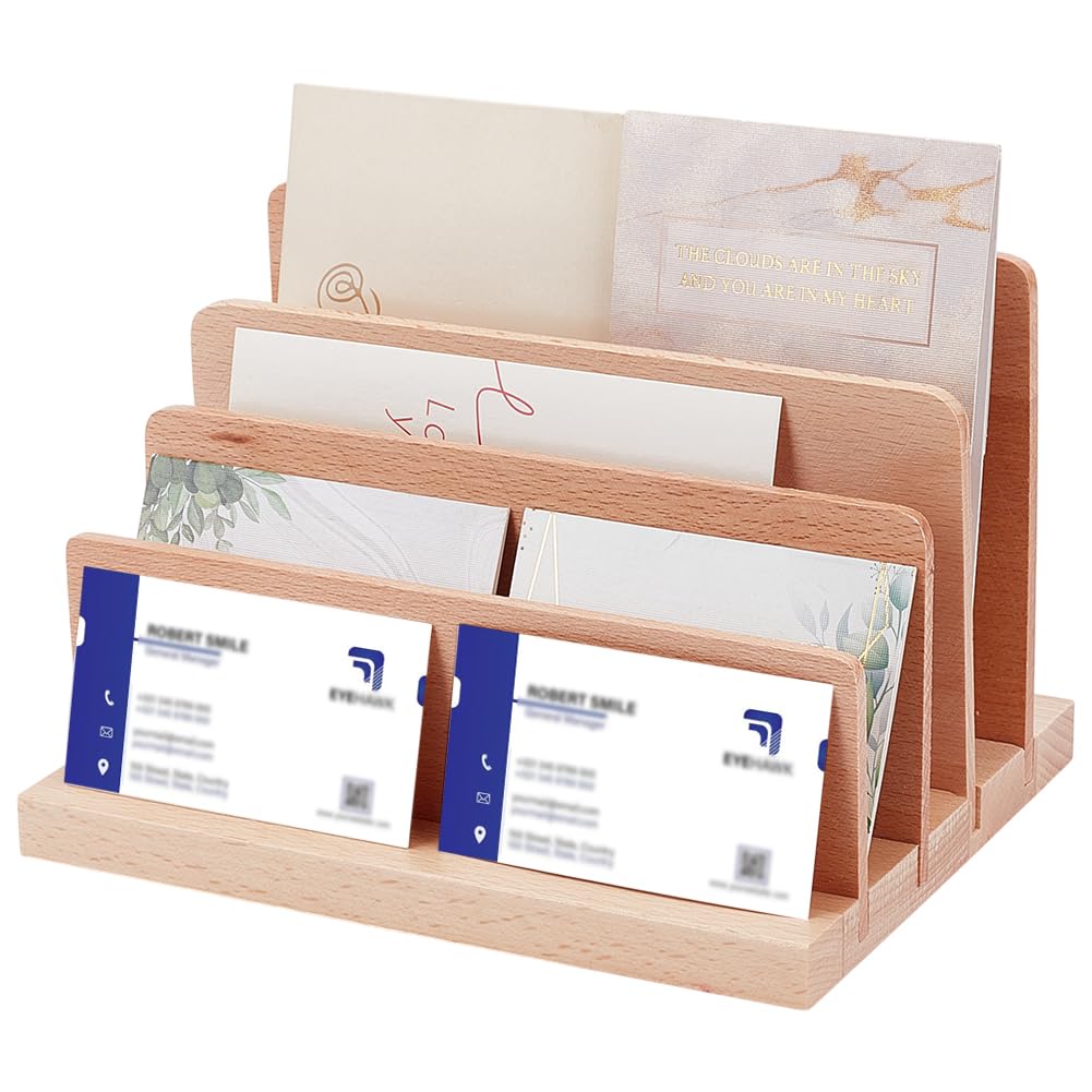 PH PandaHall Wood Business Card Holder Stand, 4-Tier Multiple Business Card Organizer Card Display Stand Brochure Postcard Holder Rack Retail Display for Desk Office Store Trade Shows