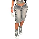 YAWJET Women’s Distressed Cargo Jean Short Y2K Fashion Stretchy High Waist Straight Leg Multi Pockets Denim Shorts