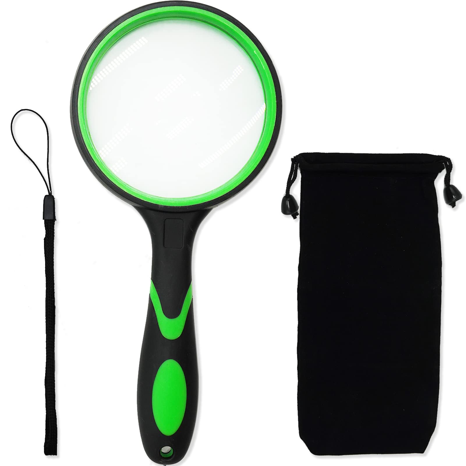 Magnifying Glass 10X, Handheld Reading Magnifier Set with Hanging Rope and Storage Bag Rubber Handle, 75mm Magnifying Lens Handheld Magnifying Glass for Observation Reading Book Fault Finding Green