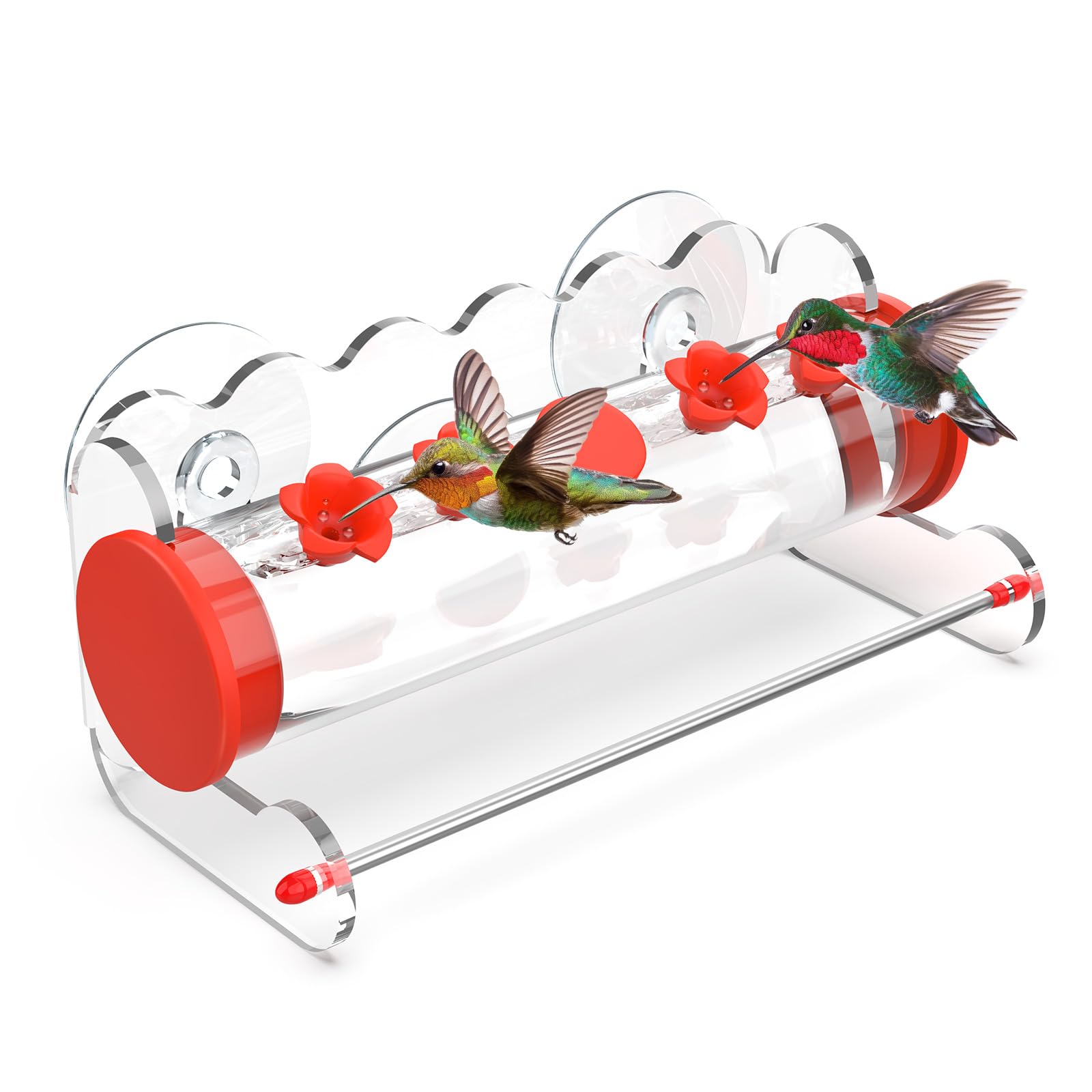 Photo 1 of Window Hummingbird Feeder 10oz,4 Feeding Ports with Leak-Proof Design & Ultra Strong Suction Cups,Durable Plastic Bird Feeder Easy to Clean Refill, Outdoor/Indoor Use (Red Flower Top)