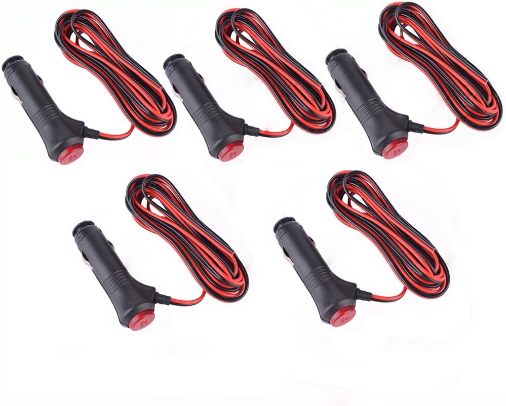 5Pcs Car Motorbike/Motorcycle 12V-24V Cigarette Lighter Power Supply Adapter Plug Cable with Switch Button Built-in 5A Fuse (3 Meters) (5 Pack)