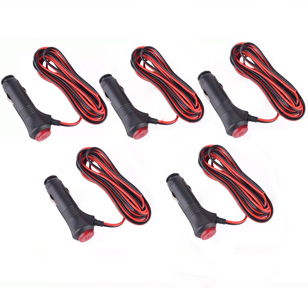 5Pcs Car Motorbike/Motorcycle 12V-24V Cigarette Lighter Power Supply Adapter Plug Cable with Switch Button Built-in 5A Fuse (3 Meters) (5 Pack)