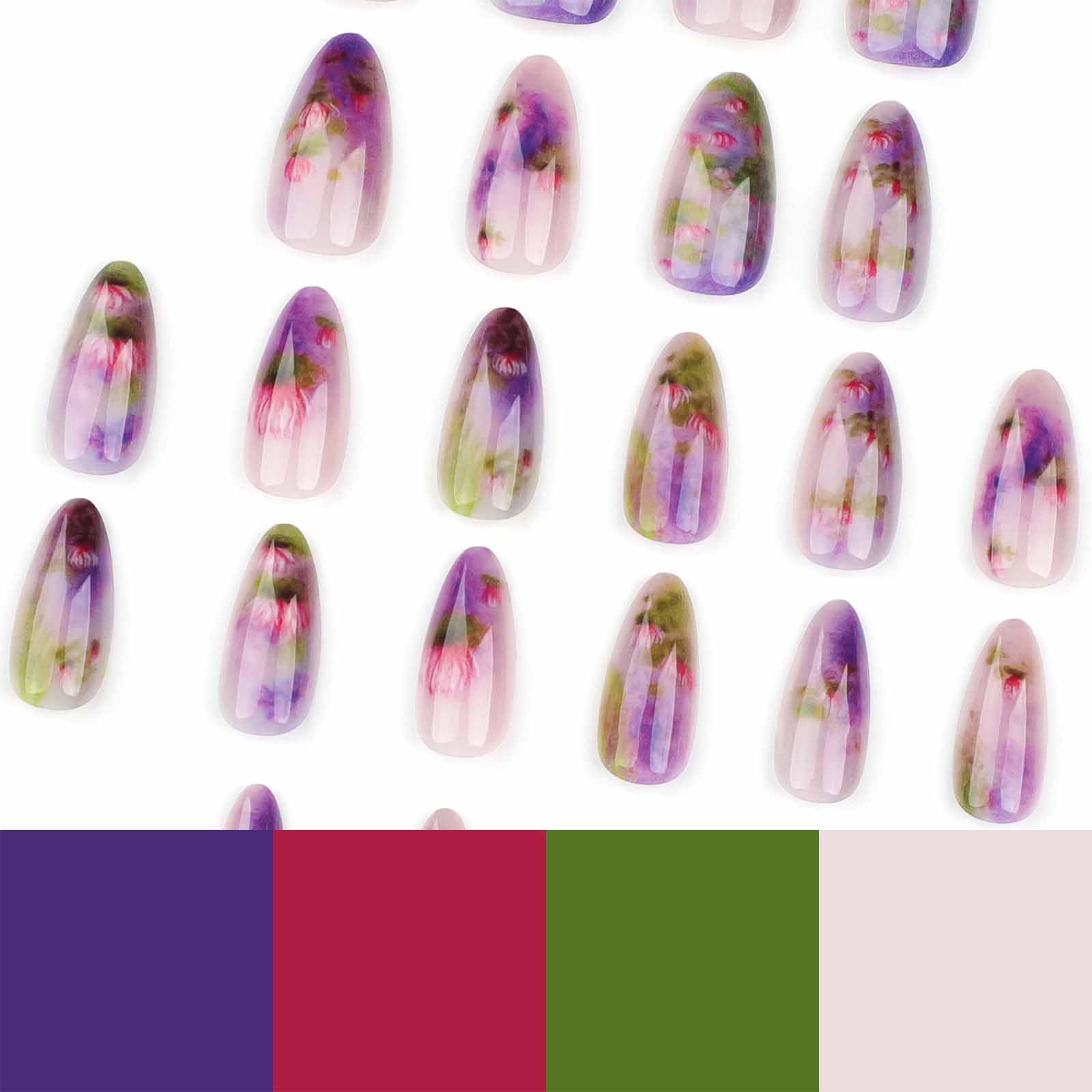 LBPEPAMZ 24Pcs Purple Press on Nails Medium Almond Fake Nails Purple Ombre Tips Full Cover Glossy Acrylic Nails False Nails Summer Lotus Lavender Stick on Nails Pink Flower Glue on Nails for Women - Image 2