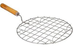 KSJONE Stainless Steel Multi-Functional Wire Steaming Cooling and Baking Barbecue Rack Round Wire Roaster Rack/Papad Jali/Roti Grill Round Shape with Wooden Handle