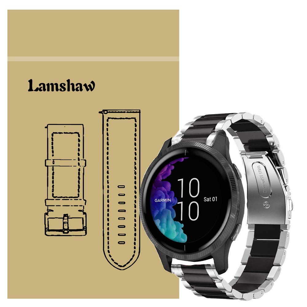 for Garmin Venu Band, LvBu Quick Release Stainless Steel Metal Replacement Straps for Garmin Venu Smartwatch (Silver-Black)