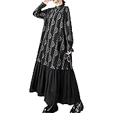 ellazhu Women's Dress Mock Neck Tie Waist Printed Long Sleeve Plus Size Maxi Hem Pockets GZ717 A