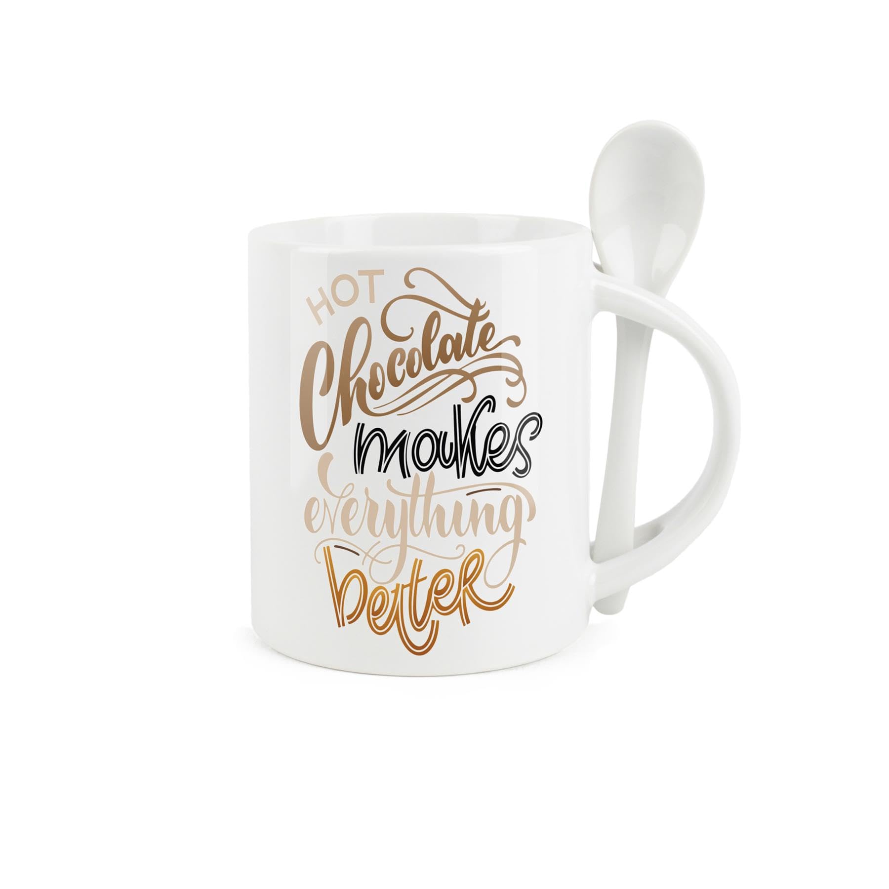 Purely Home Hot Chocolate Mug and Spoon Set - Hot Chocolate Makes Everything Better - Ceramic White Coffee/Tea Mug with Spoon in Handle