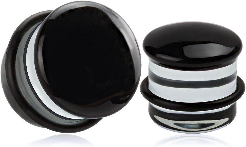 KUBOOZ(1 Pair) Black-surface Glass O-Ring Ear Plugs Tunnels Gauges Stretcher Piercings 8g