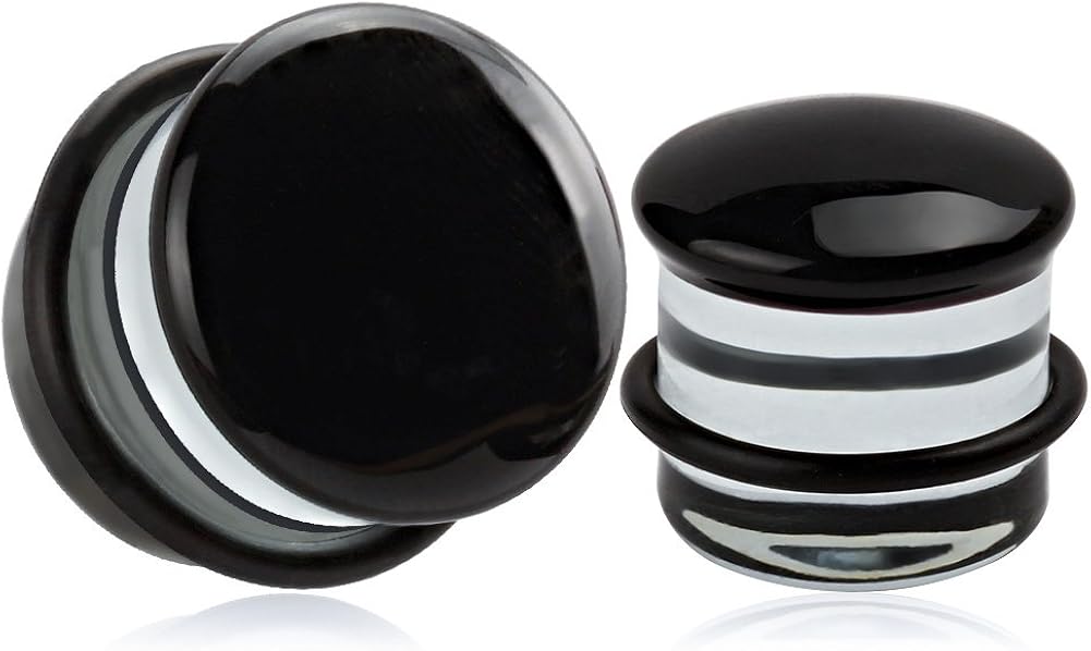 KUBOOZ(1 Pair Black-surface Glass O-Ring Ear Plugs Tunnels Gauges Stretcher Piercings 6g