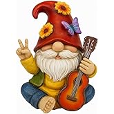 GoGnome Peace Sign Garden Gnome Figurine Outdoor Statue, Funny Guitar Playing Dwarf Rock Music Decor - 6‘’ Resin Lawn Ornament, Unique Housewarming Gift for Music Lovers & Gardeners (Red)