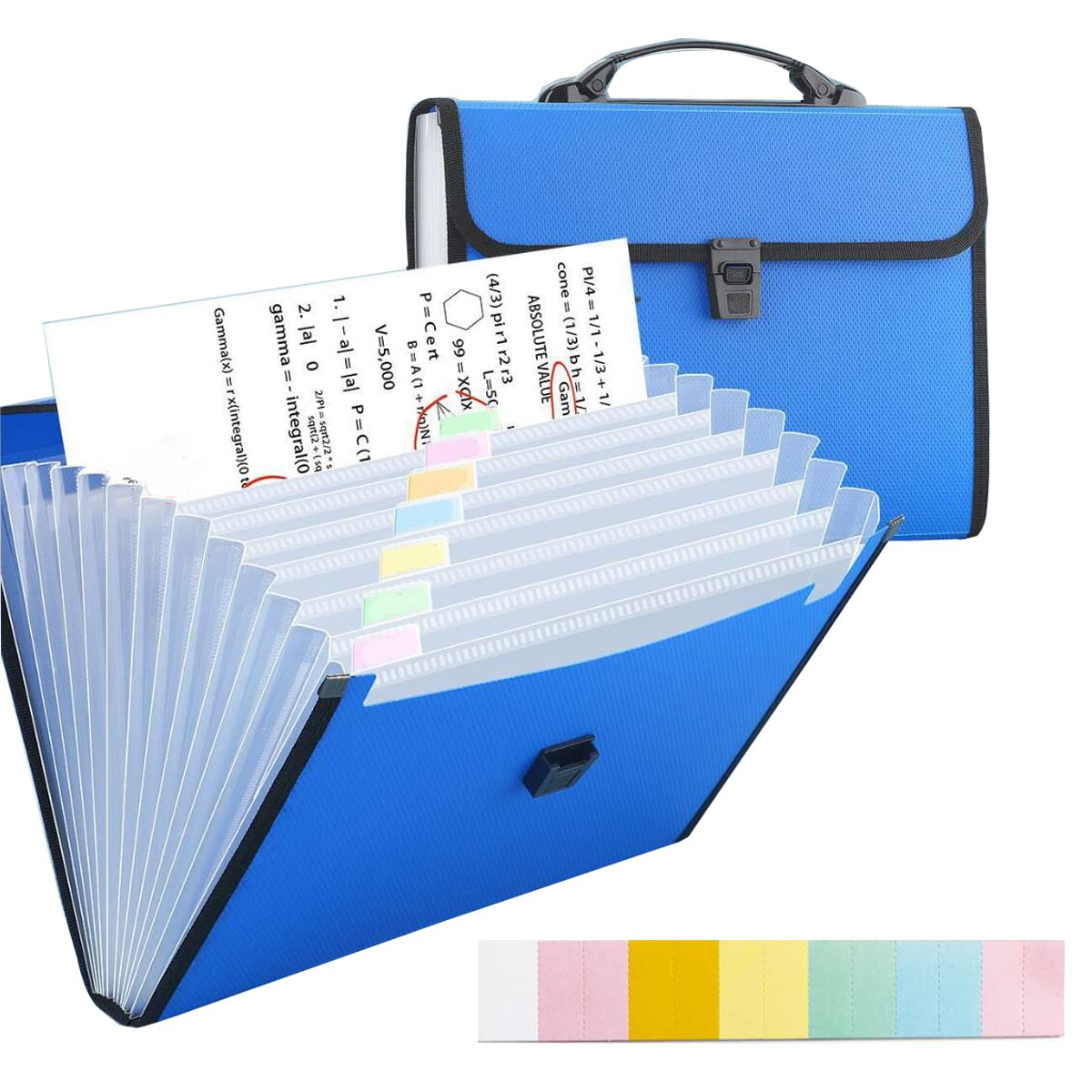 13 Pockets Expanding File Folder Organiser with Handle, TRANBO Accordion File Organiser, Plastic Document Wallet for Paperwork A4, Portable Filing Box for Travel School Office Home - Blue