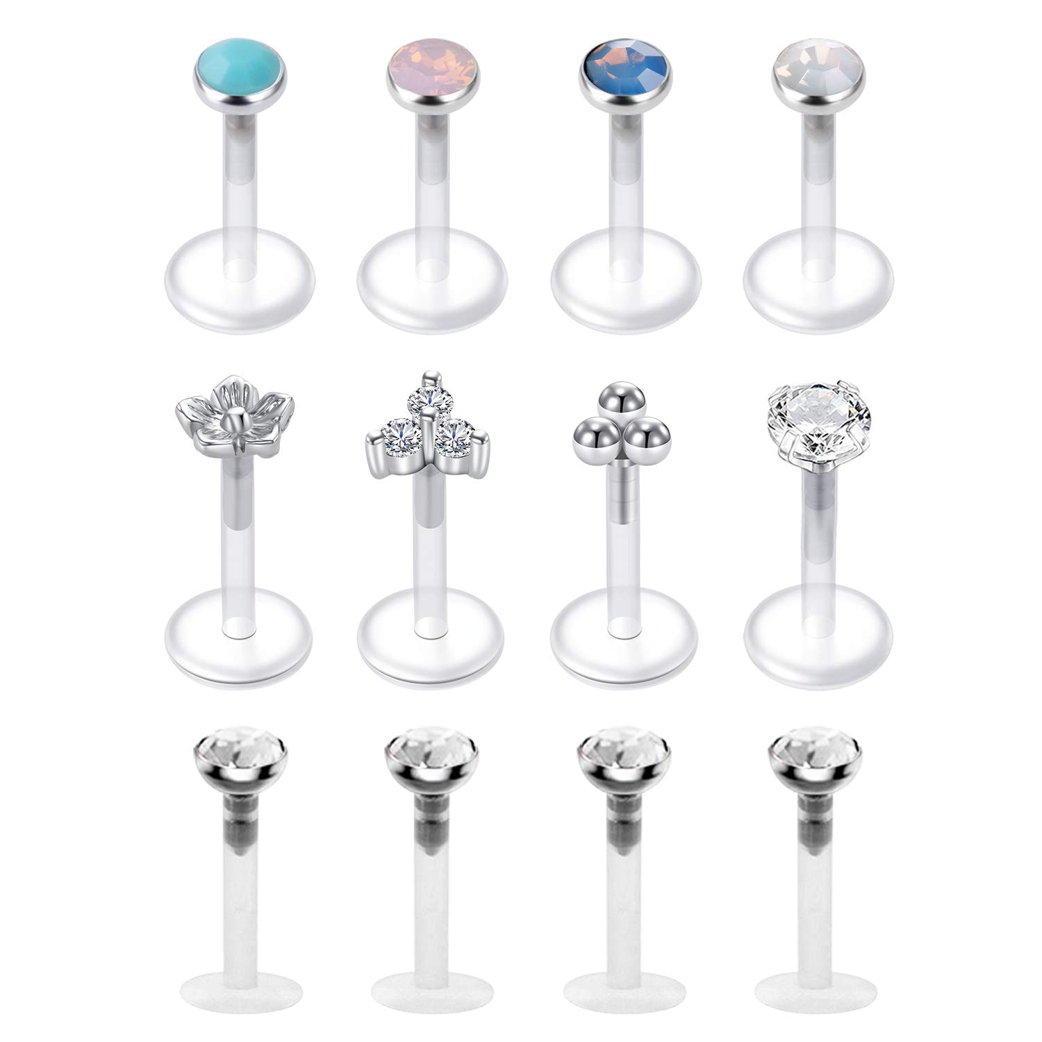 LAURITAMI 12pcs Clear Lip Labret Bars Studs Bioflex Crystal 8mm 16G Medusa Ashley Tragus Helix Piercing Jewellery