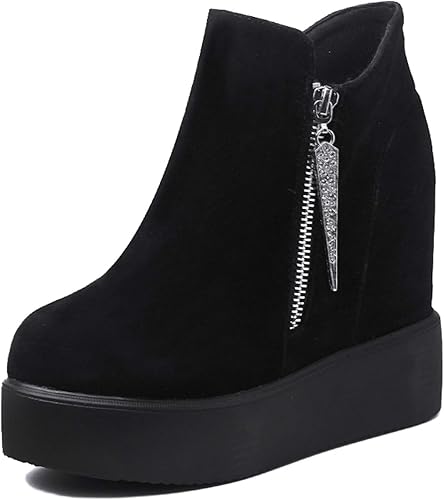 Amazon ブウケ ショートブーツ ブーツ ヒール ブーティー レディース ショート スーツに合う ウエッジ 疲れない 靴 厚底 ウエッジソール 大きいサイズ 黒 歩きやすい スウェード ジッパー プラットフォーム アンクルブーツ 冬靴 ブーツ ブーティ