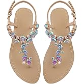 AIJIVOU Women's Rhinestone Flat Sandals, Women Flip Flops with Clip Toe RingBeadeed Rhinestone Crystal Jeweled Sandal Shoes for Summer Beach Oceanside Holiday Outdoor