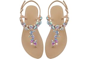 AIJIVOU Women's Rhinestone Flat Sandals, Women Flip Flops with Clip Toe RingBeadeed Rhinestone Crystal Jeweled Sandal Shoes for Summer Beach Oceanside Holiday Outdoor