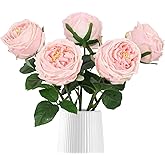 IPOPU Real Touch Rose Artificial Flowers 5PCS Faux Pink Peonies Realistic Roses with Stem for Wedding Bouquet Party Home Decor (Pink)