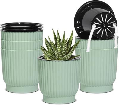 T4U Mini Self Watering Plant Pots Indoor 6 Pack 10cm Green Plastic Pots