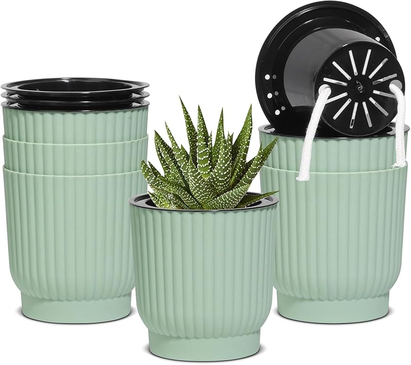 T4U Mini Self Watering Plant Pots Indoor 6 Pack 10cm Green Plastic Pots