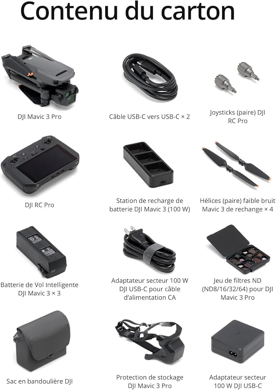 Bundle Mavic 3 Pro Fly More avec DJI RC Pro (écran haute luminosité), Caméra Hasselblad CMOS 4/3, Trois Batt. de Vol Intell, Station de recharge, Jeu de Filtres ND, Drone caméra pour adultes