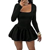 Famnbro Womens Bubble Mini Dress Sexy y2k Corset Square Neck Long Sleeve Cute Puffy Short Party Dresses