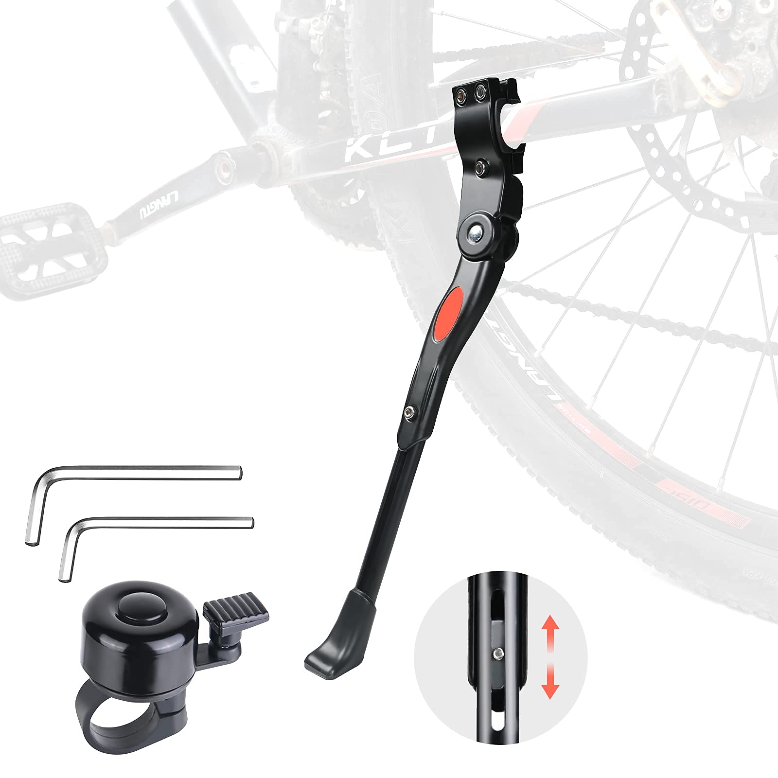 Ainiv Bike Kickstand Adjustable with Hexagonal Key and Bicycle Bell, Compatible for Bicycles with Wheel Diameter 24-28 Inches, Aluminium, Black