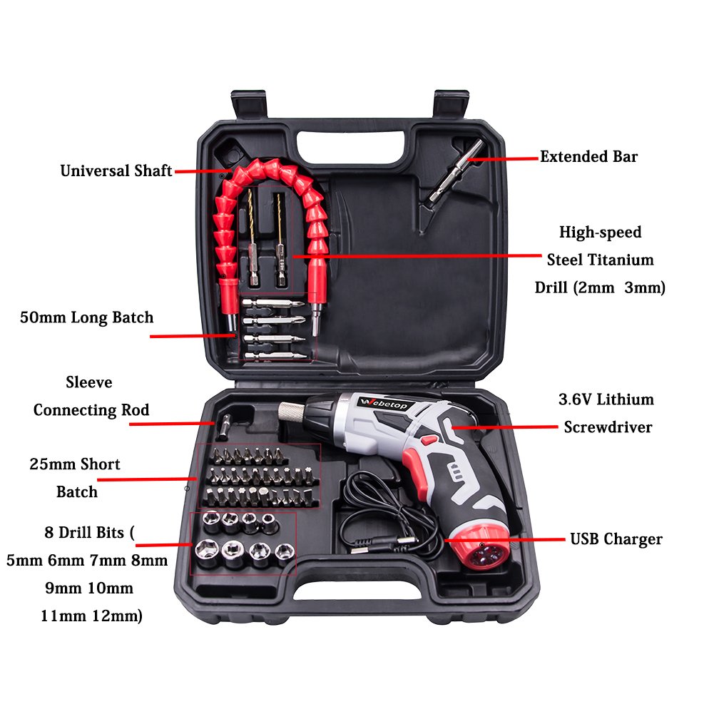 Webetop Cordless Drill Driver 3.6 Volt 2000mAh MAX Torque 6 Position Rechargeable 46 Screwdriver Bits in Case USB Charging for Around House Small Jobs with 3 LED Light