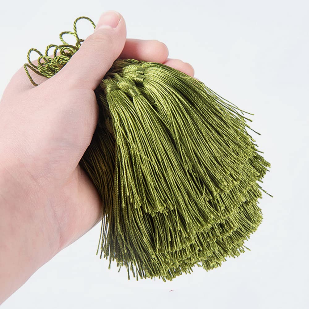Duories Pack of 50 Handmade Silky Mini Tassels, Army Green, Polyester, Wedding Occasion, Hanging Ornaments
