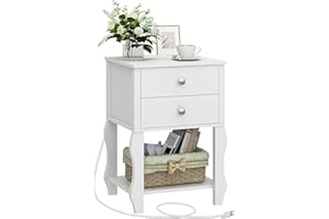 HHETOGOL White Nightstand with Charging Station,Small End Table with 2 Drawers, Mid-Centry Modern Nightstand for Bedroom,Dormitory,11.81" D x 15.35" W x 21.85" H, XXCTG03W-E