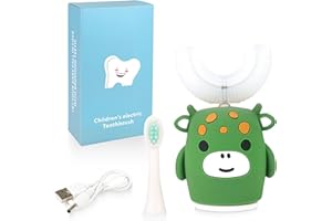 RENAELELIFE Kids Sonic Electric Toothbrush U Shaped Automatic Timer IPX7 Waterproof 5 Modes 360° Oral Cleaning Teeth Whitening Gums Massage Replaceable Soft Cartoon for 7-15 (Green Cow)