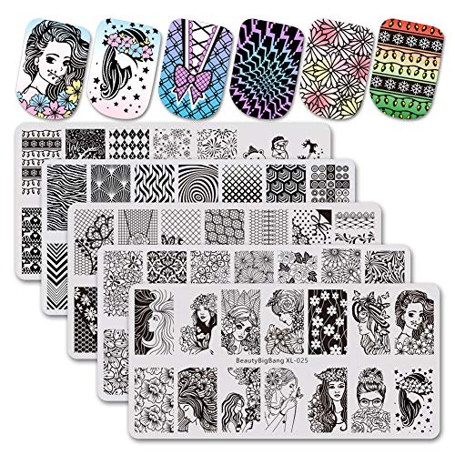 BEAUTYBIGBANG 5Pcs Nail Stamping Templates Set Girl's Day Geometric Lace Flower Winter Image Plates Nail Art Stamp Stamping Kits DIY Salon Design BEAUTYBIGBANG 5Pcs Nail Stamping Templates Set Girl's Day Geometric Lace Flower Winter Image Plates Nail Art Stamp Stamping Kits DIY Salon Design