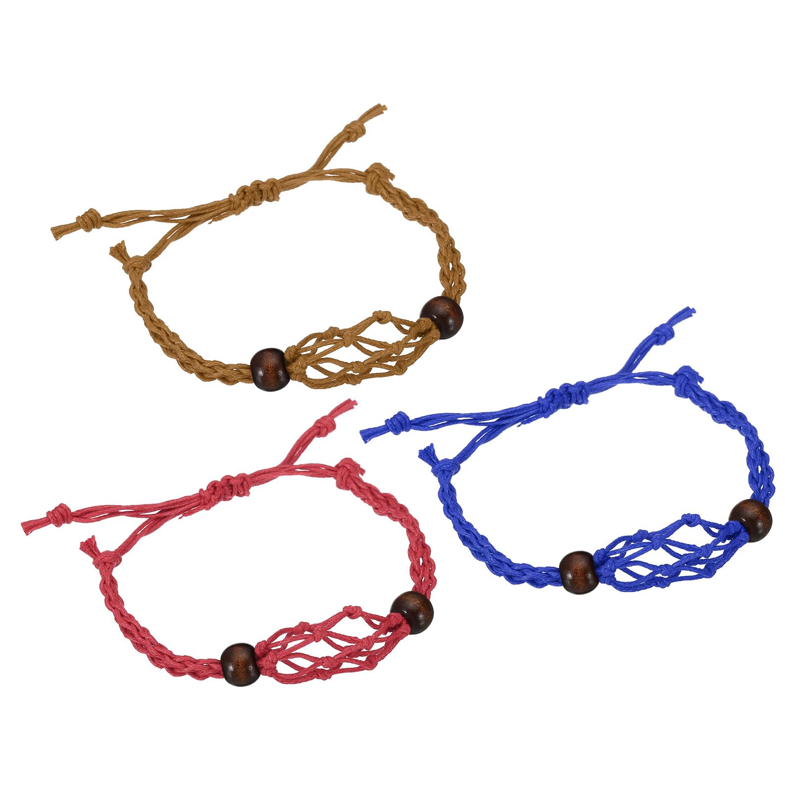 PATIKIL 7.87-11.02" Bracelet Cord Empty Stone Holder, 1 Pack 1.38" Wax Rope Inner Diameter Crystal Cage Adjustable Pendant Stone Holders for Jewelry Making, Red & Blue & Brown