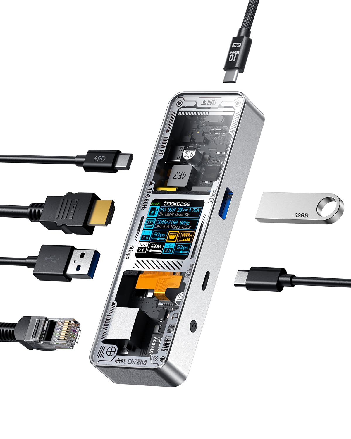 DOCKCASE Explorer Edition Smart USB Hub 6-in-1, 1 Gigabit Ethernet port, USB C Adapter HDMI 4k@60hz, PD 3.0 100w, USB-C and 2 USB-A 5Gbps, Docking Station for MacBook Pro/Air, Dell XPS, Silver