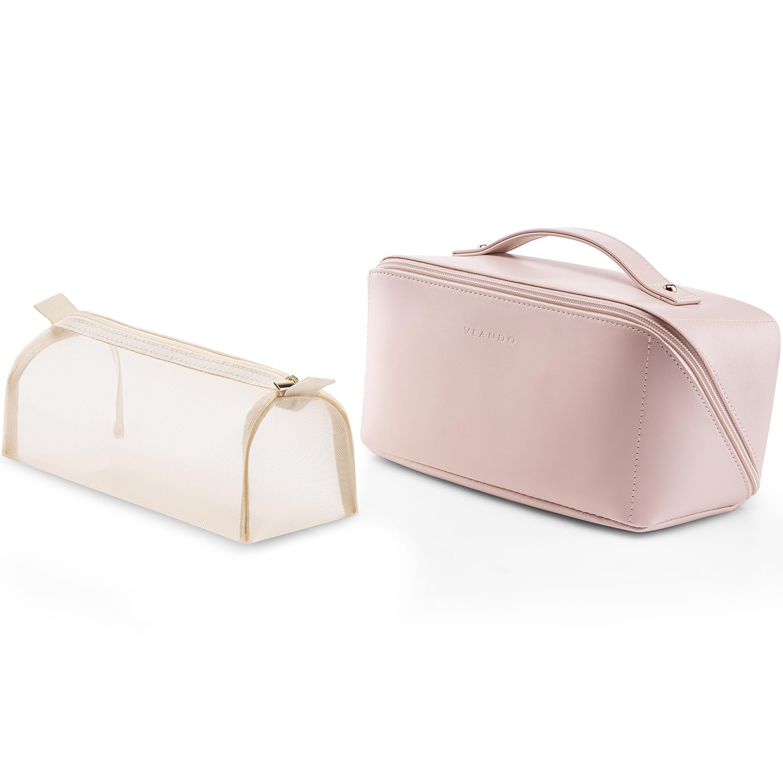 Photo 1 of Vlando Makeup Bag,Large Capacity Toiletry Bag for Women Waterproof Portable Make up Pouch PU Leather Open Flat Cosmetic Bag(Pink)
