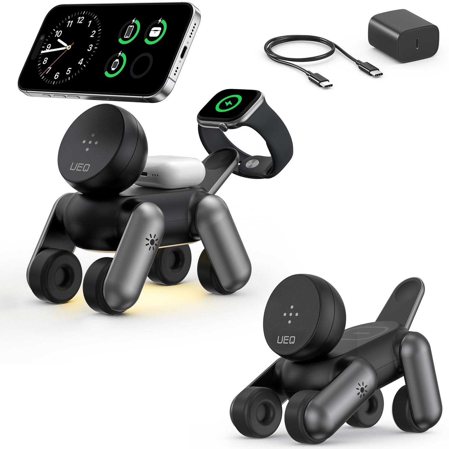 UEQ 3 in 1 Wireless Charging Station for Apple Devices,Foldable Cute Magnetic Mag-Safe Wireless Charger Stand with Night Light for iPhone 17 Air 16 15 14 13 12 Series,AirPods 4 3 2 Pro,Apple Watch