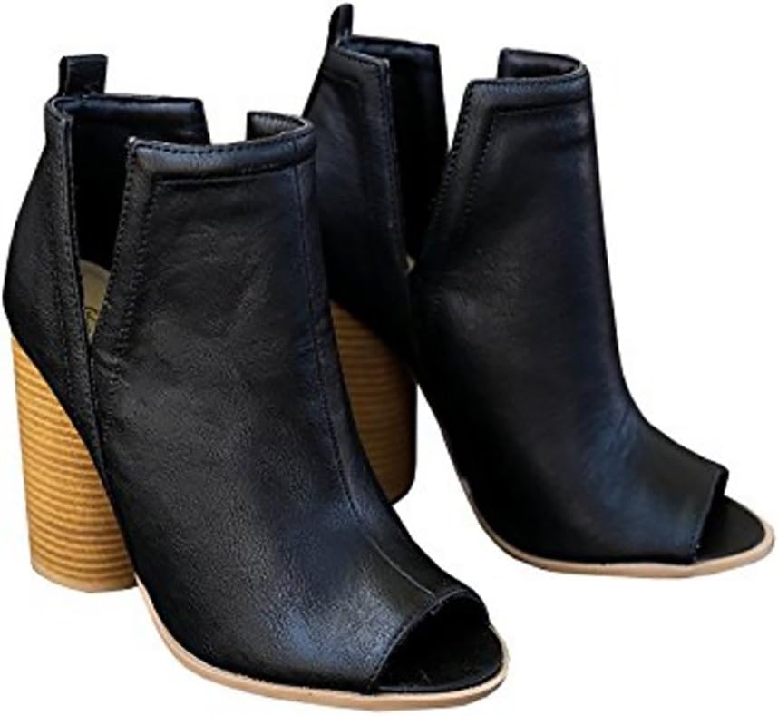 SHOPGLAMLA Side Cut Distressed Low Stacked Ankle Boots Bootie