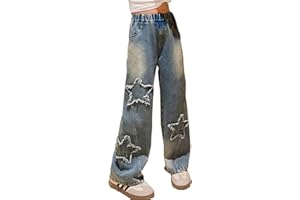 NABER Kids Girls Elastic Waist Cool Ripped Jeans Washed Denim Wide Leg Ripped Denim Jean Age 5-15 Years
