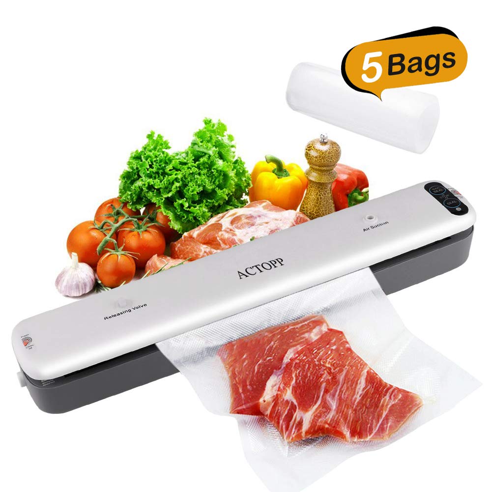 ACTOPP Machine sous Vide Alimentaire Appareil Mise sous Vide Alimentaire Professionel Emballeuse sous Vide Portable pour Conserver les Aliments Viandes, Poisson, Légumes, et Fruits, Food Saver avec 5 Packs Sac d\'Emballage