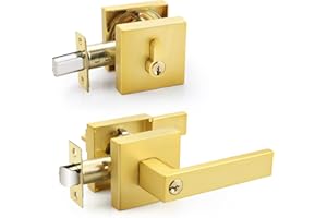 EHOMEWARE 2 Pack Door Handleset with Single Cylinder Deadbolt, Satin Brass Deadbolt, Reversible for Right and Left Side Single Keyed Square Deadbolt Lock Set
